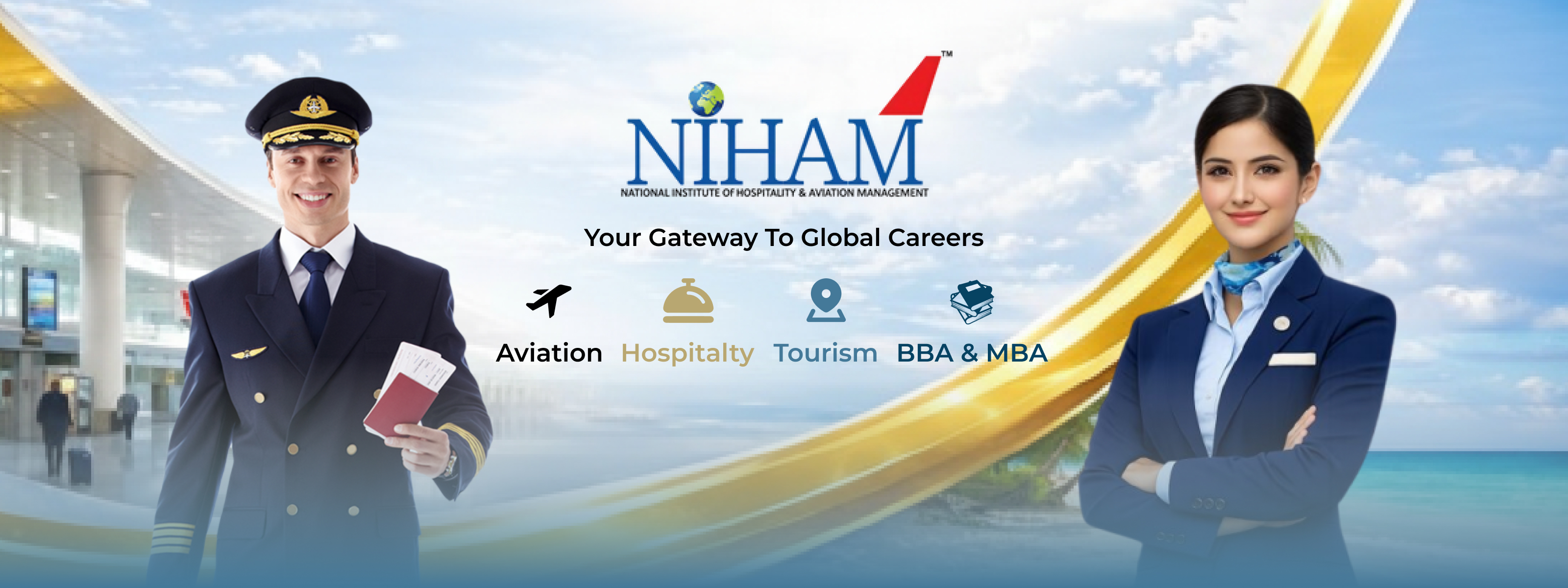 Student dressed as air hostess standing near airplane showing namaste gesture after placement