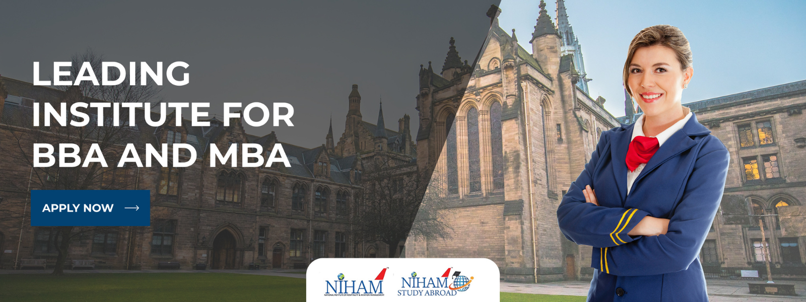 Student dressed as air hostess standing near airplane showing namaste gesture after placement